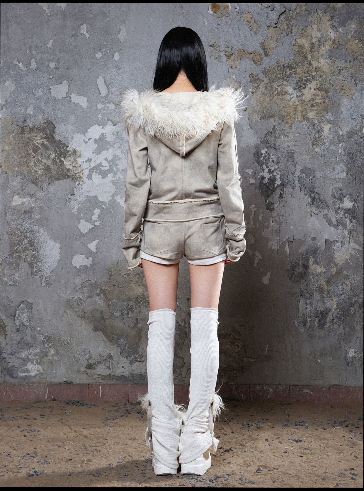 Fake Fur Collar Distressed Short Jacket