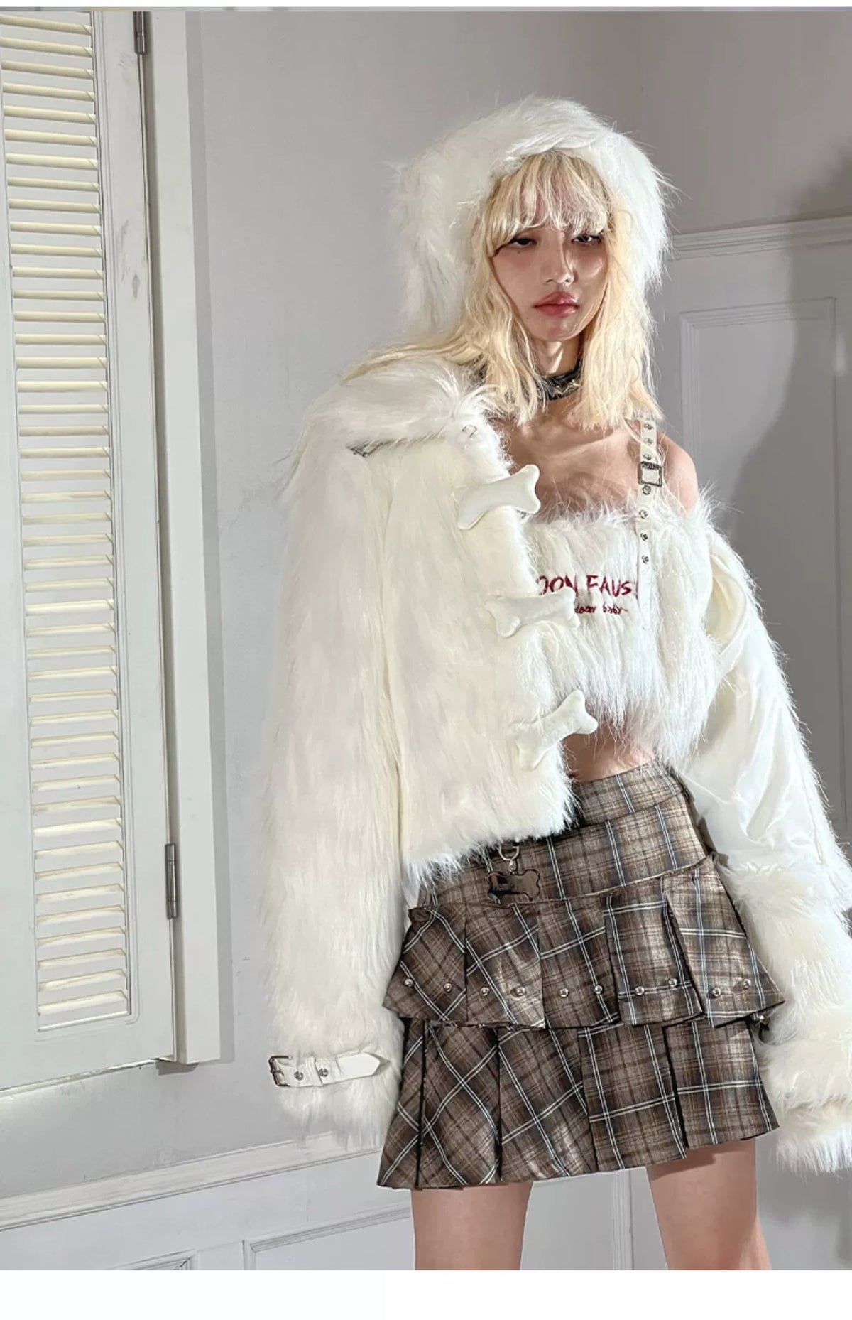 Dog Bone Pattern Fake Fur Jacket
