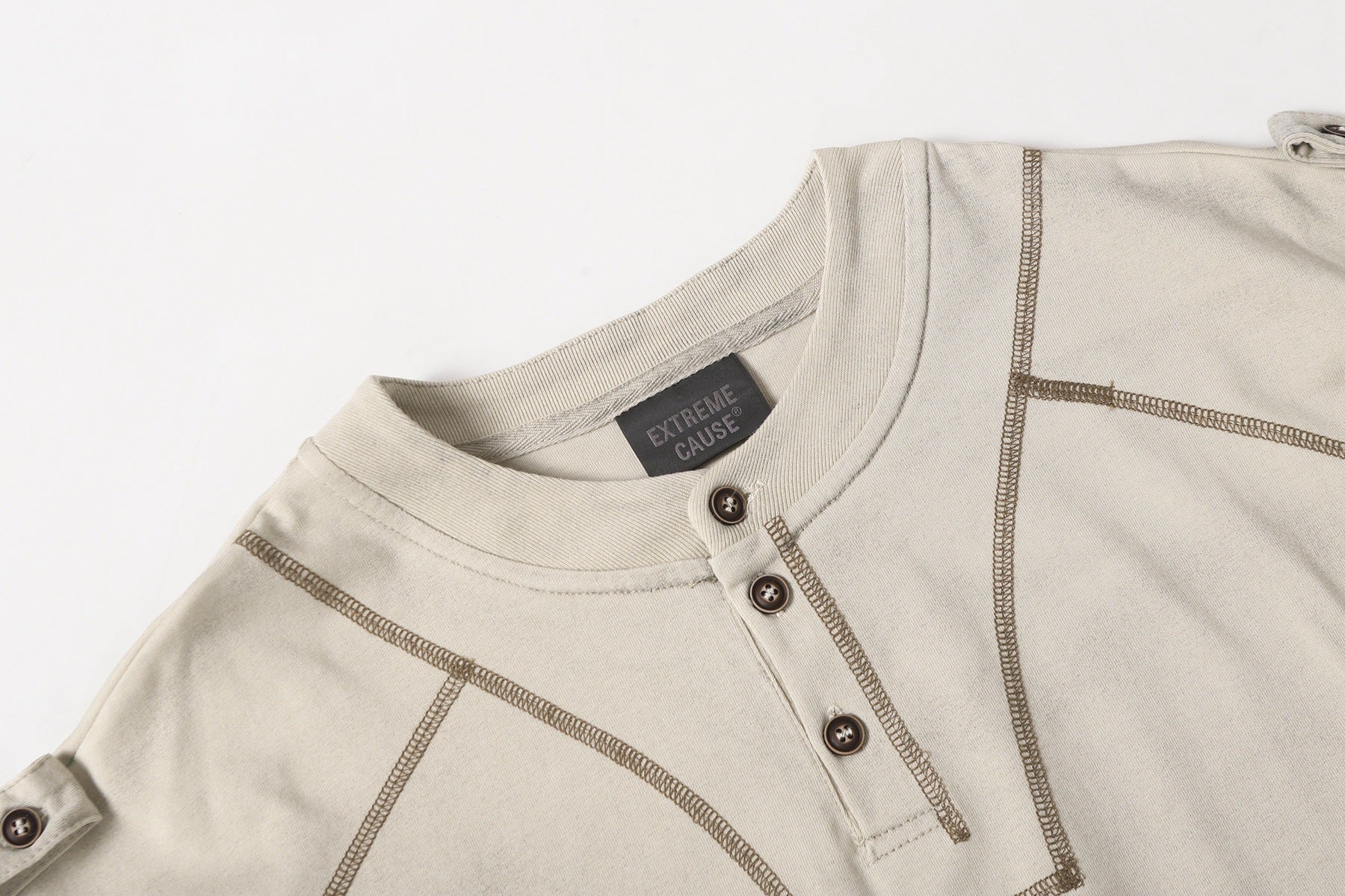 Semi-Open Collar Washed Short Sleeve T-Shirt