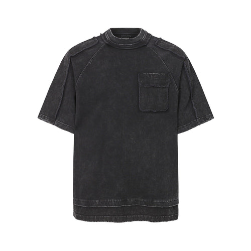 T-shirt à manches courtes, col montant, poche, aspect délavé - Noir / M