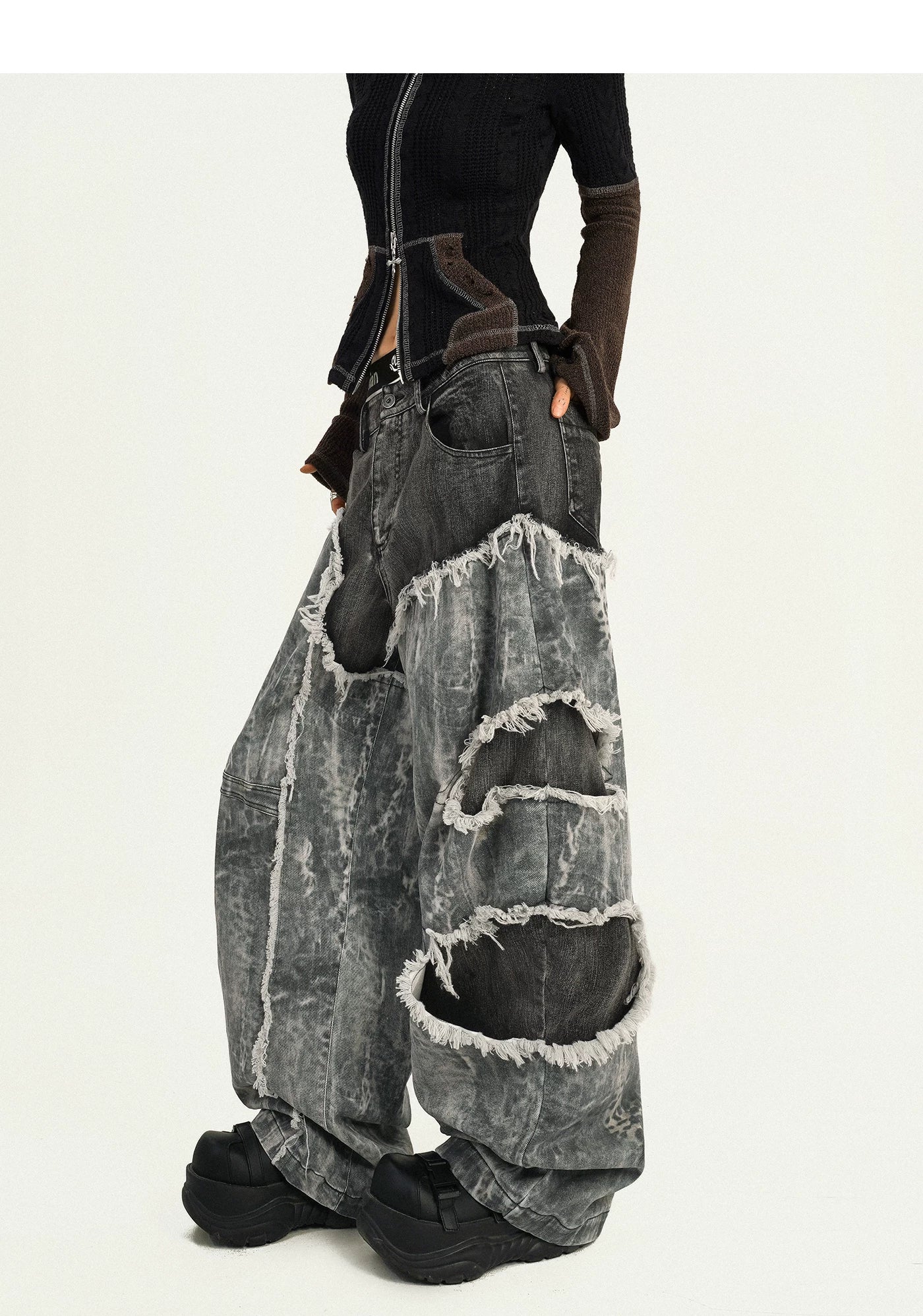 Fake Layered Heavy Craft Raw Hem Wide Leg Denim Jeans