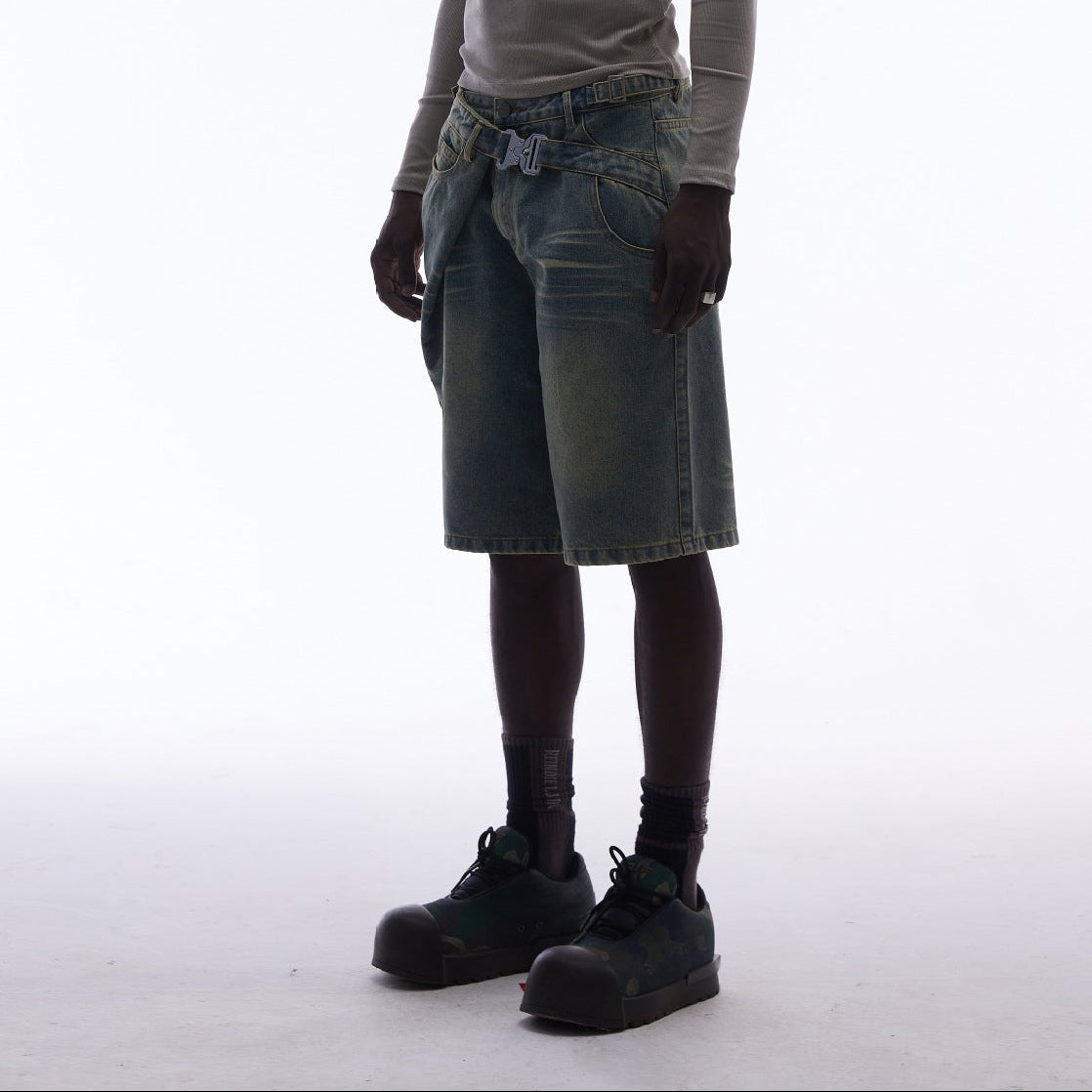 Washed Whisker Metal Buckle Denim Jort