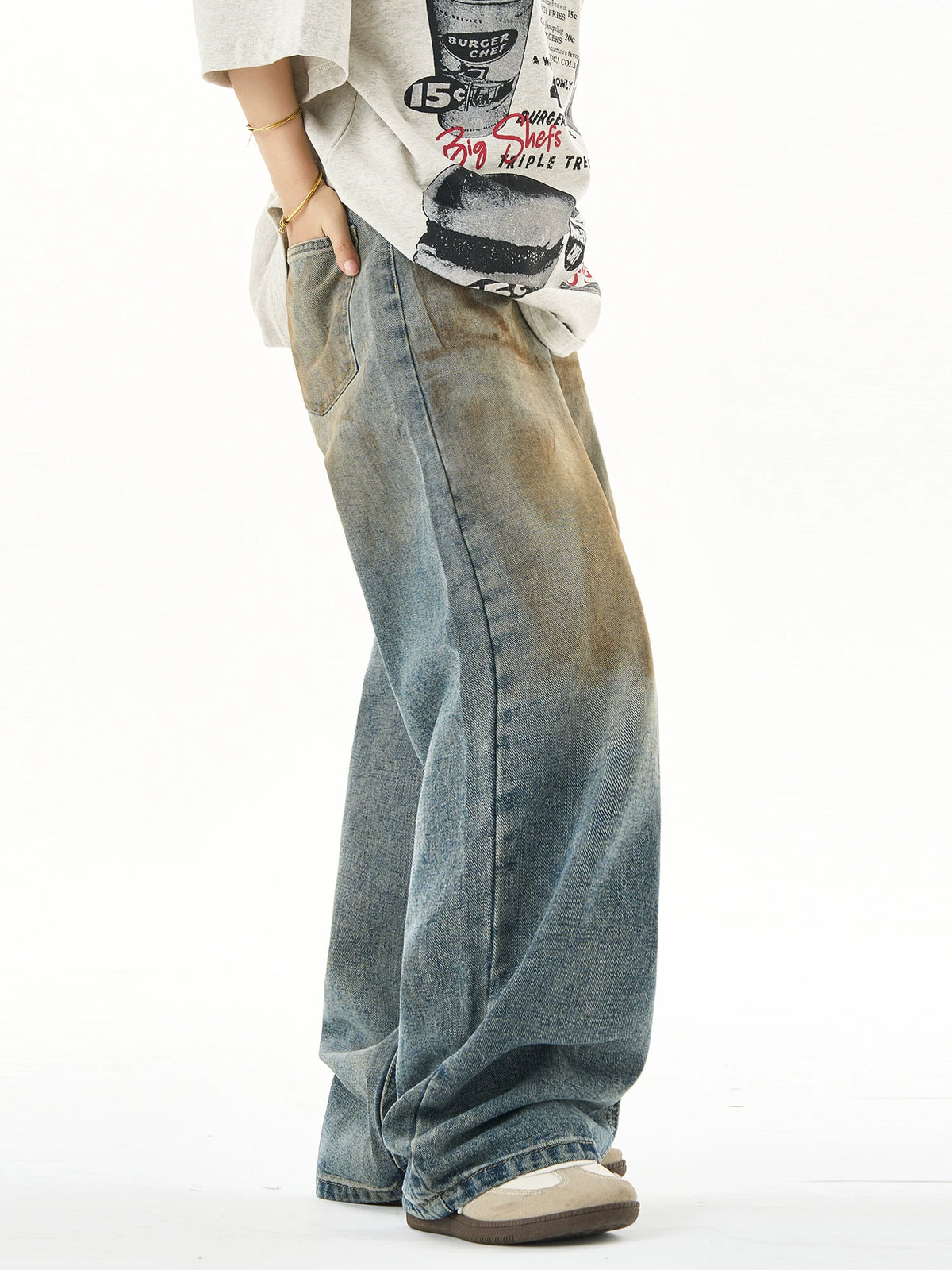 Washed Wide-Leg Straight Denim Jeans