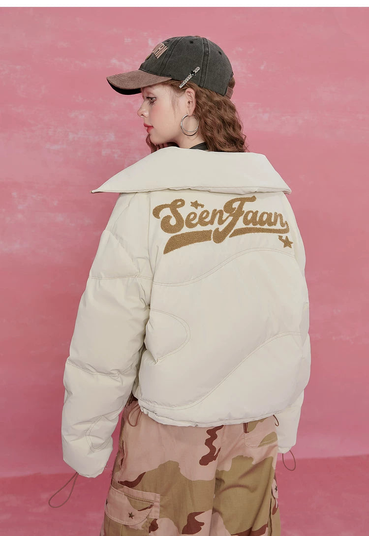 Letter Print High-Neck Short White Duck Down Jacket