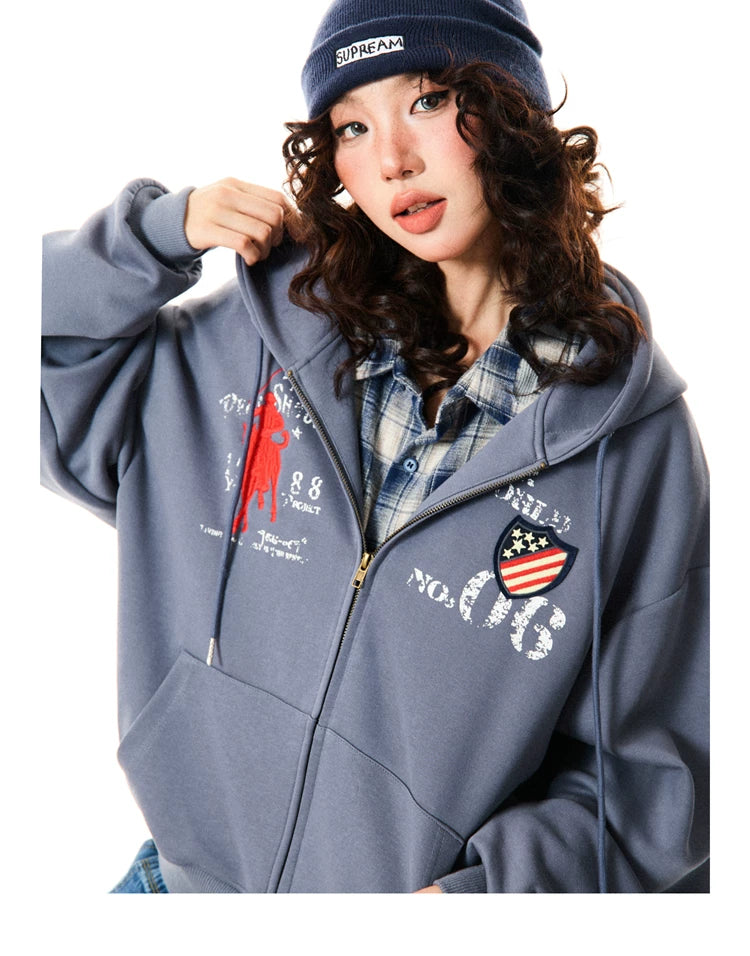 Letter Embroidery Washed Zipper Hoodie