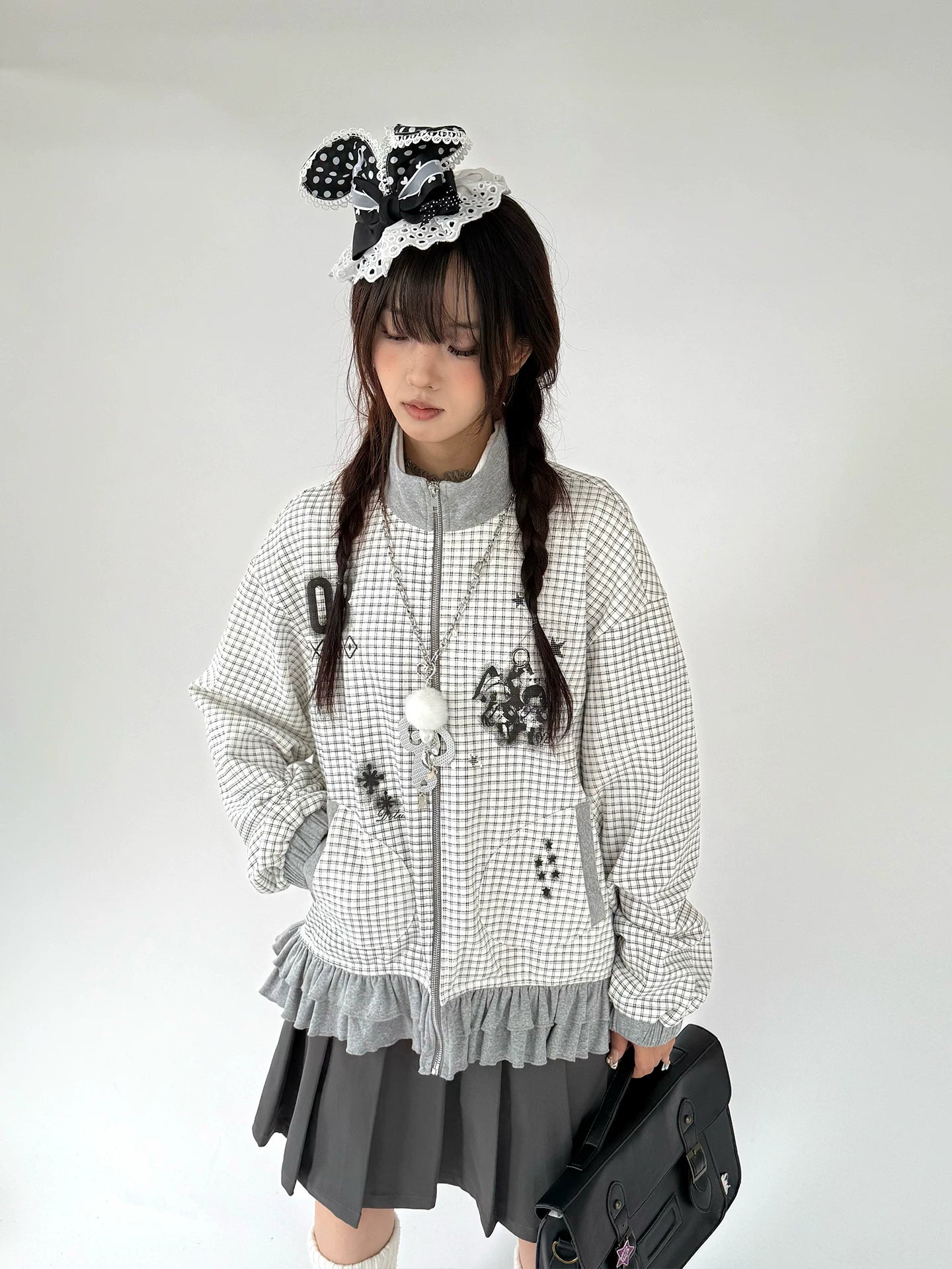 Checkered Ruffle Hem Oversize Zipper Hoodie