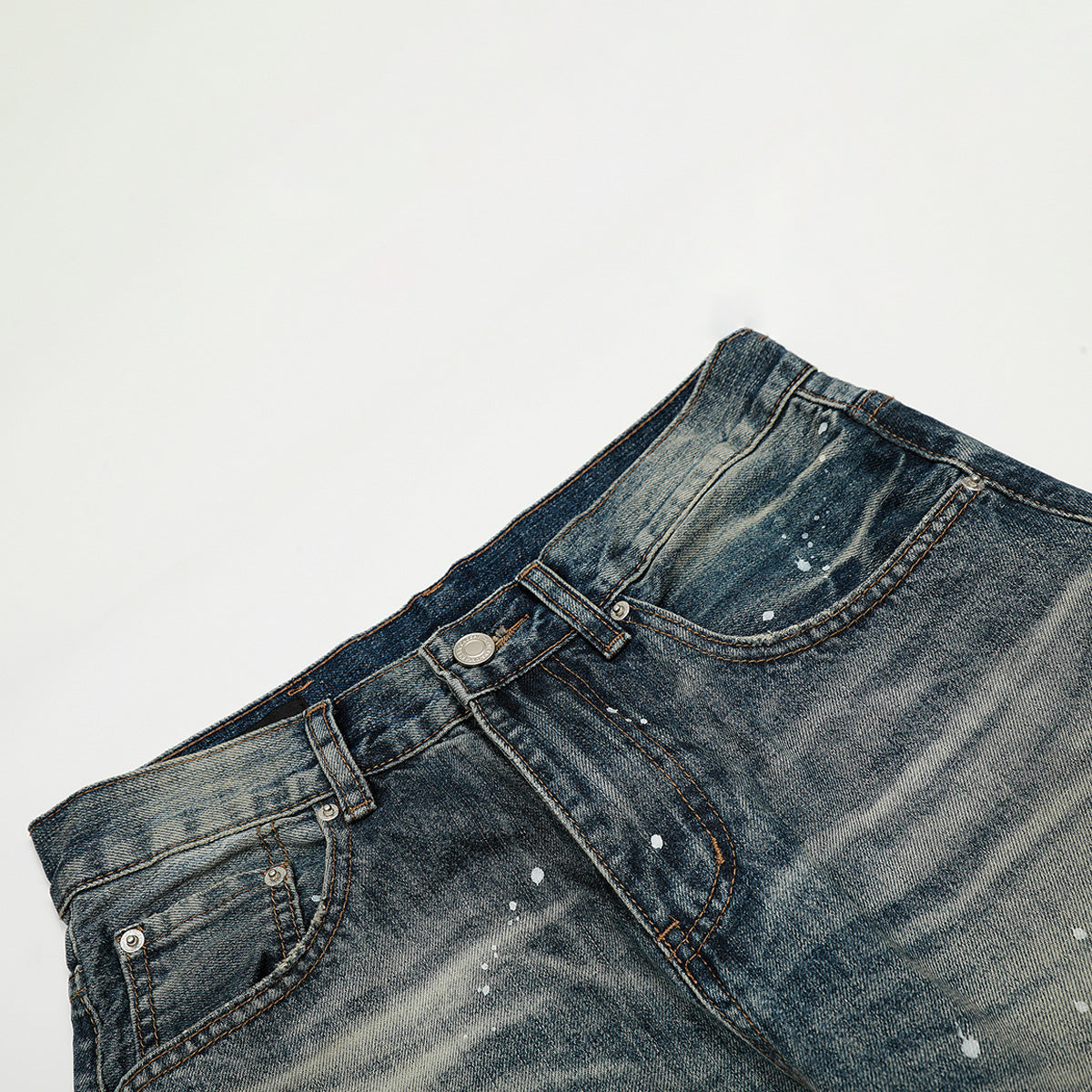 Washed Paint Splatter Curved Wide Leg Denim Jeans