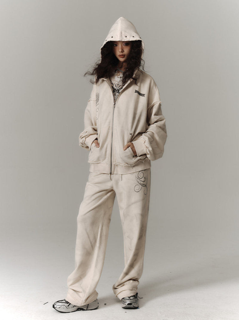 Washed Damage Oversize Zipper Hoodie & Wide Leg Pants Setup