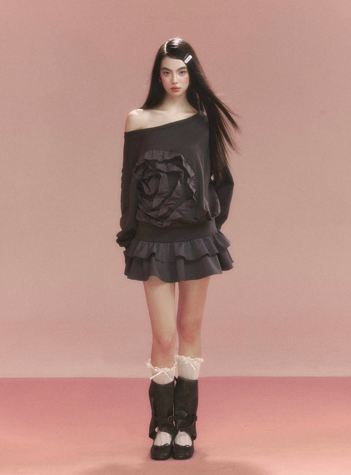 Flower Ruffle Sweatshirt Mix Dress