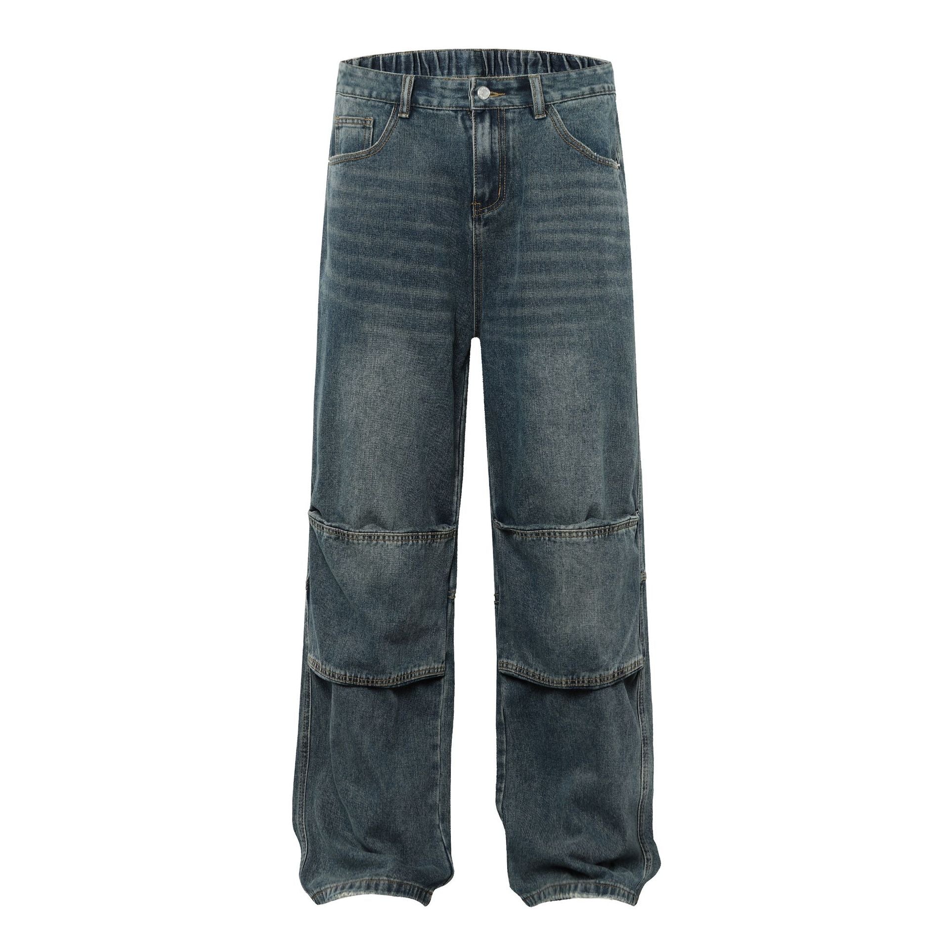 Washed Pleats Patchwork Wide Leg Denim Jeans