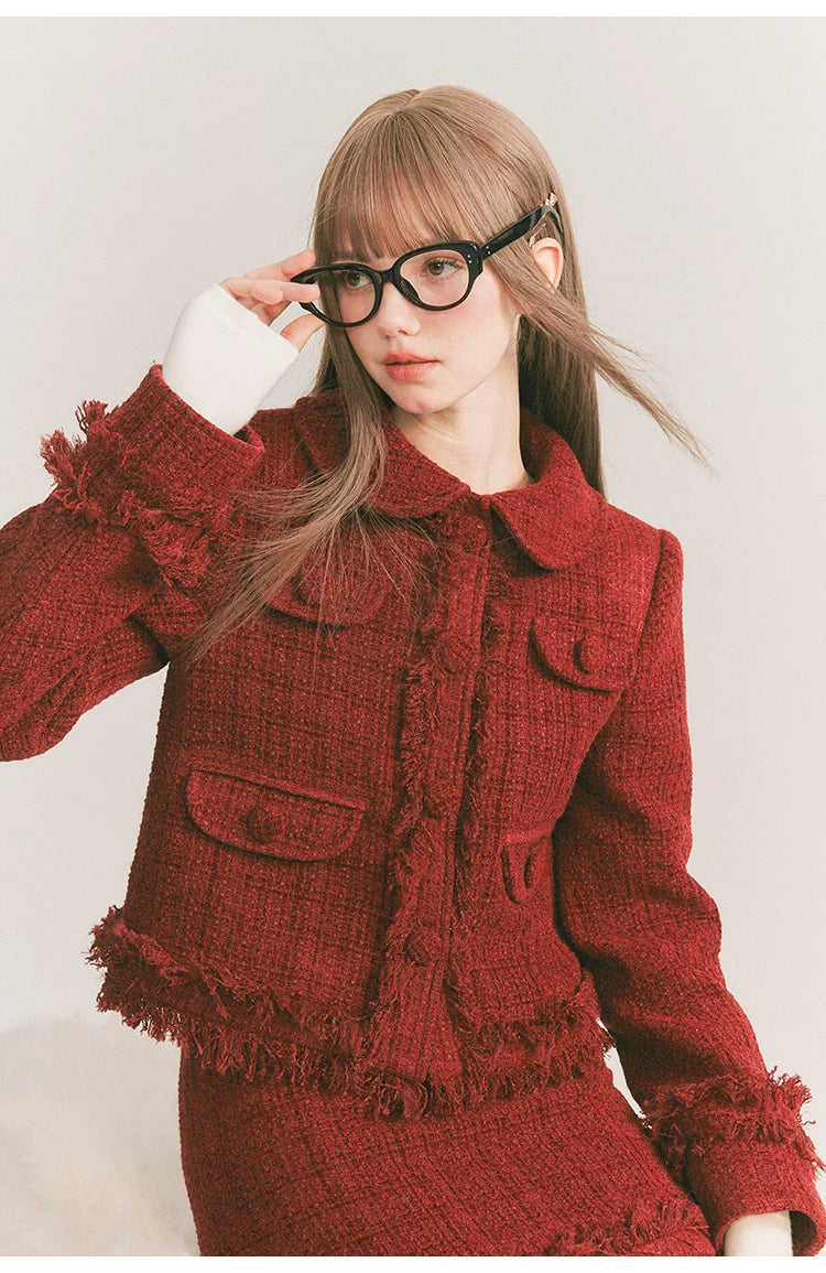 Round Collar Tweed Jacket & A-Line Tweed Skirt Setup
