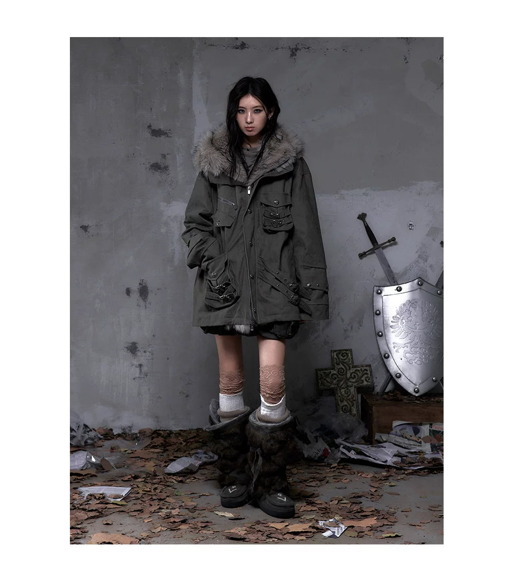 Fake Fur Hooded Multi-Pocket Buckle Detail Jacket
