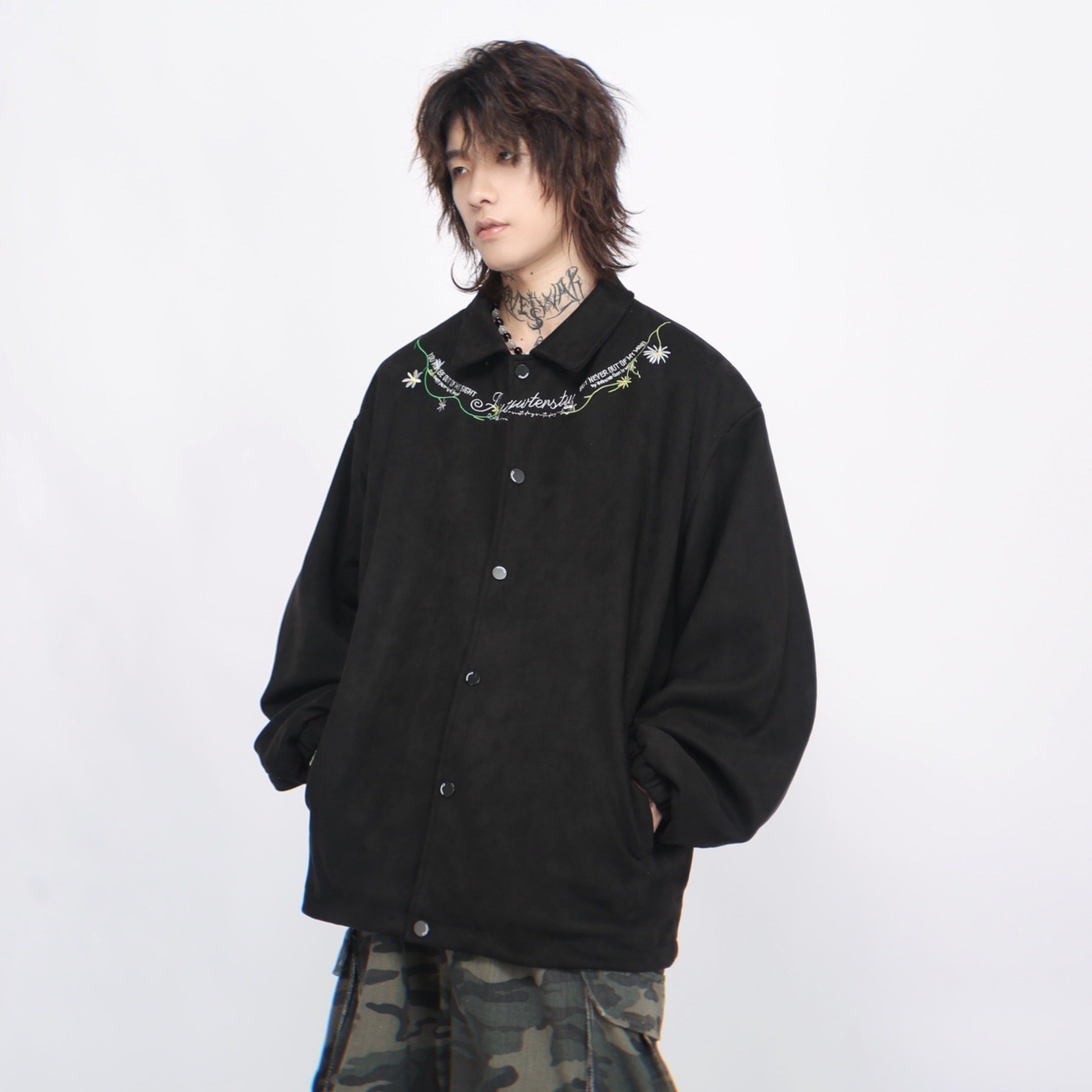Oversize Flower Embroidery Suede Jacket