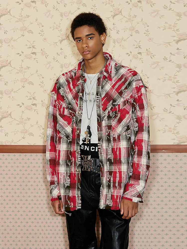 Patchwork Embroidery Plaid Oversize Long Sleeve Shirt