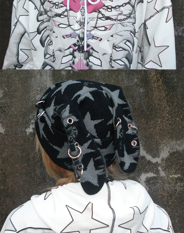 Star Print Rabbit Ear Knit Hat