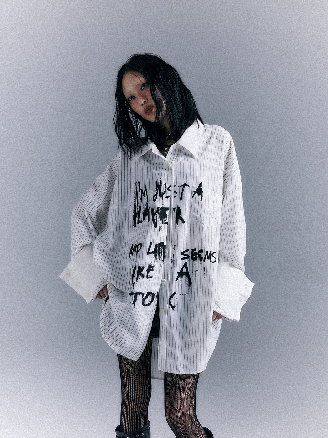 Graffiti Print Stripe Oversize Long Sleeve Shirt