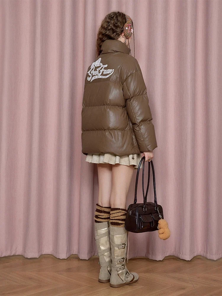 Fake PU Leather Stand Neck Lace Patchwork White Duck Down Jacket