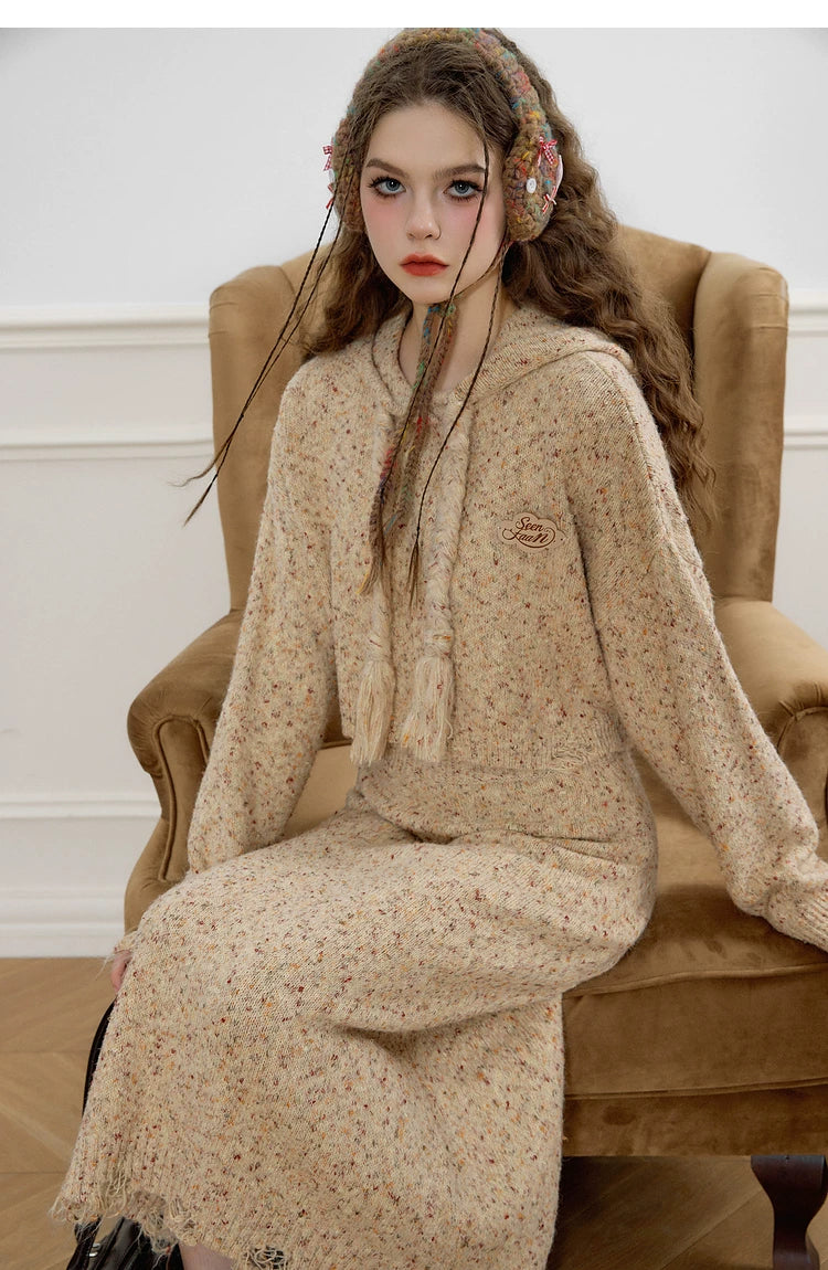 Textured Hooded Knit Sweater & Long Knit Skirt Setup