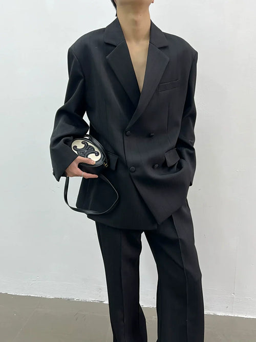 Conjunto de chaqueta de doble botonadura a rayas y pantalones acampanados. - negro / S / chaqueta