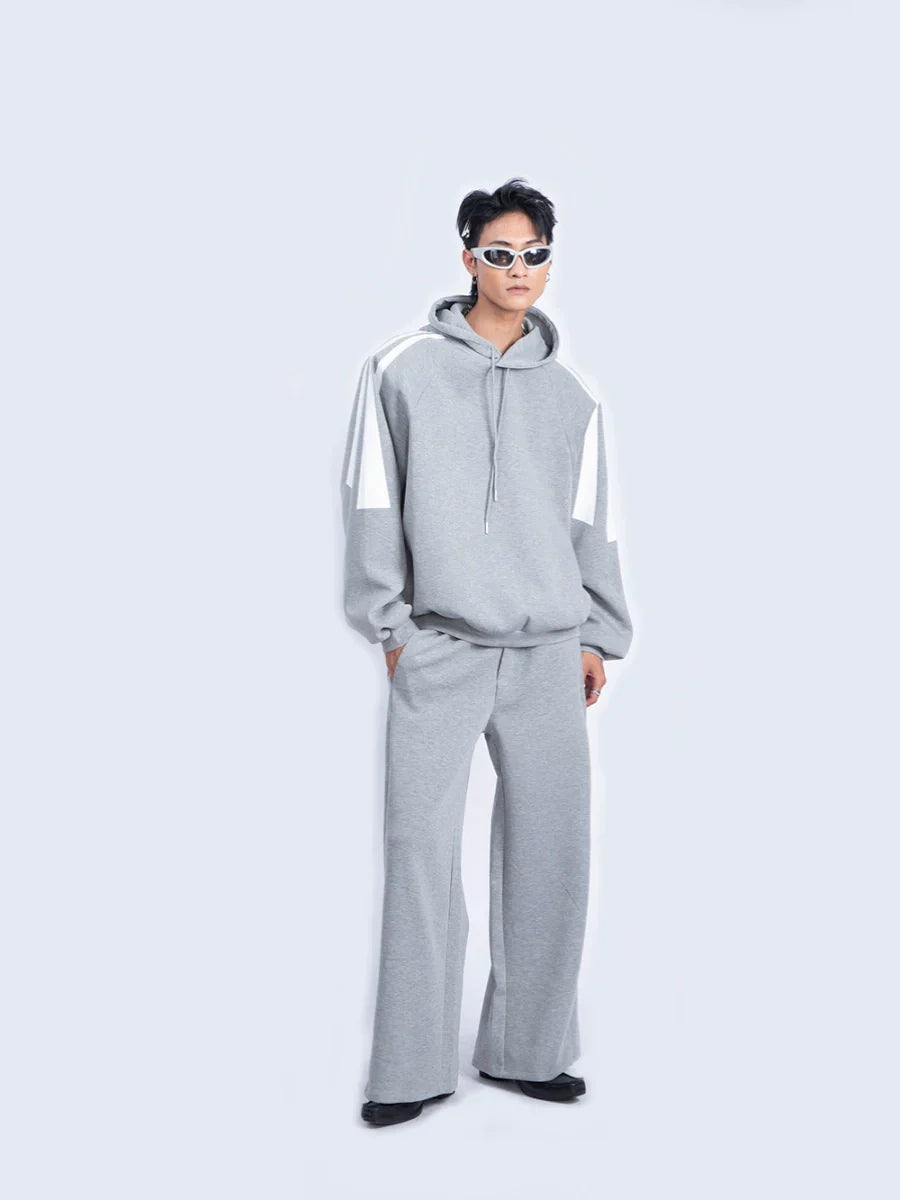 Contrast Pullover Hoodie & Wide-Leg Straight Sweatpants Setup