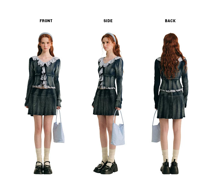 Frill Knit Cardigan & Short Rib Knit Skirt Setup