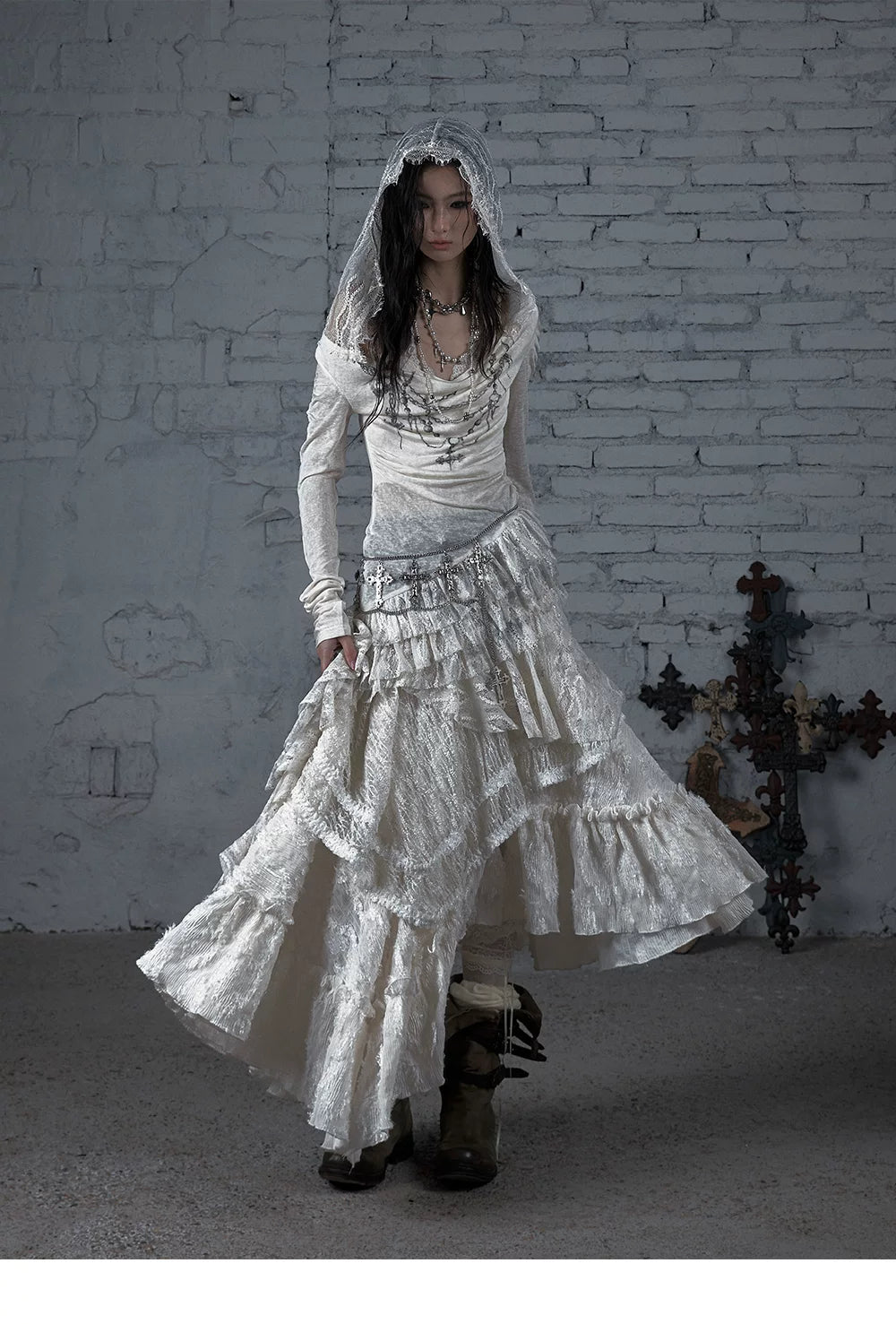 Lace Hooded Asymmetric Ruffle Dress