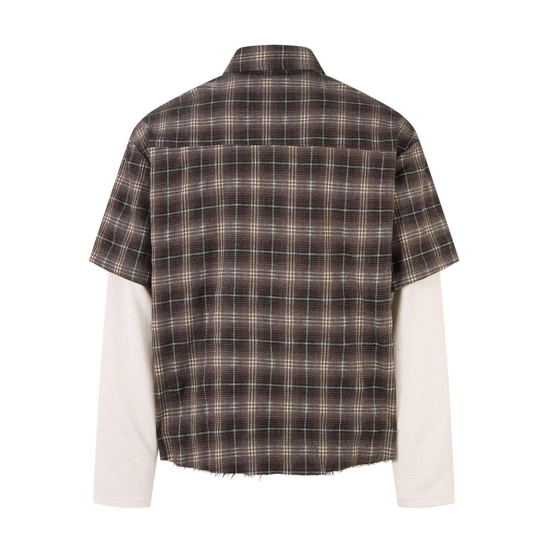 Plaid Letter Embroidery Fake Layered Long Sleeve Shirt