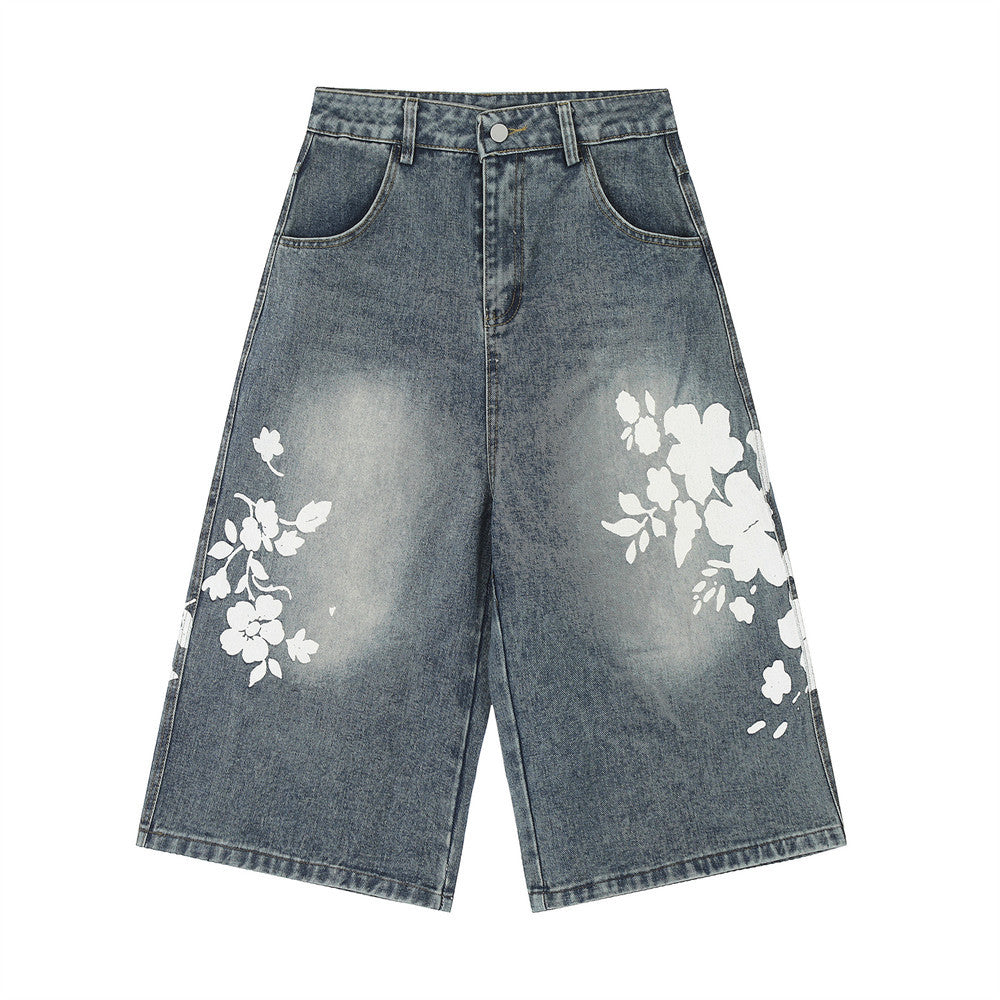 Flowers Print Loose Denim Jorts
