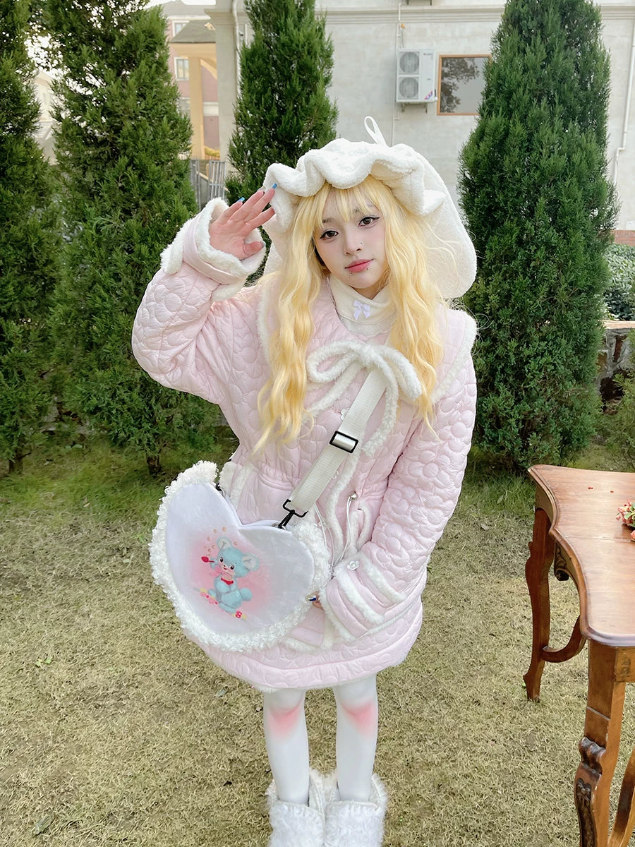 Flower Plush Bow Tie Puffer Jacket
