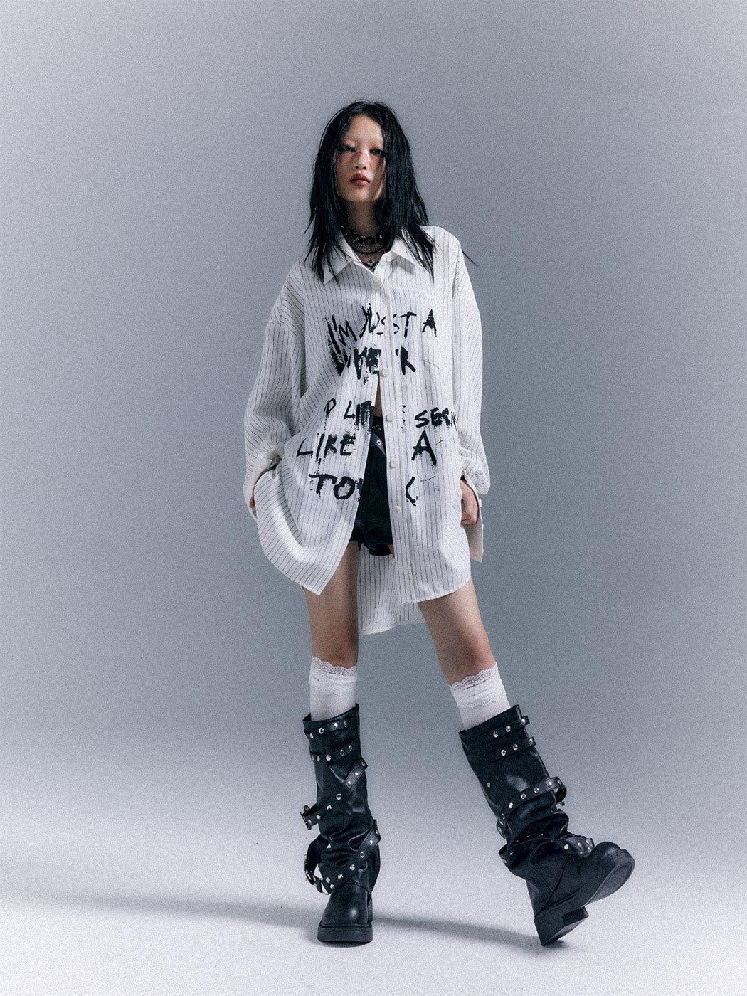 Graffiti Print Stripe Oversize Long Sleeve Shirt