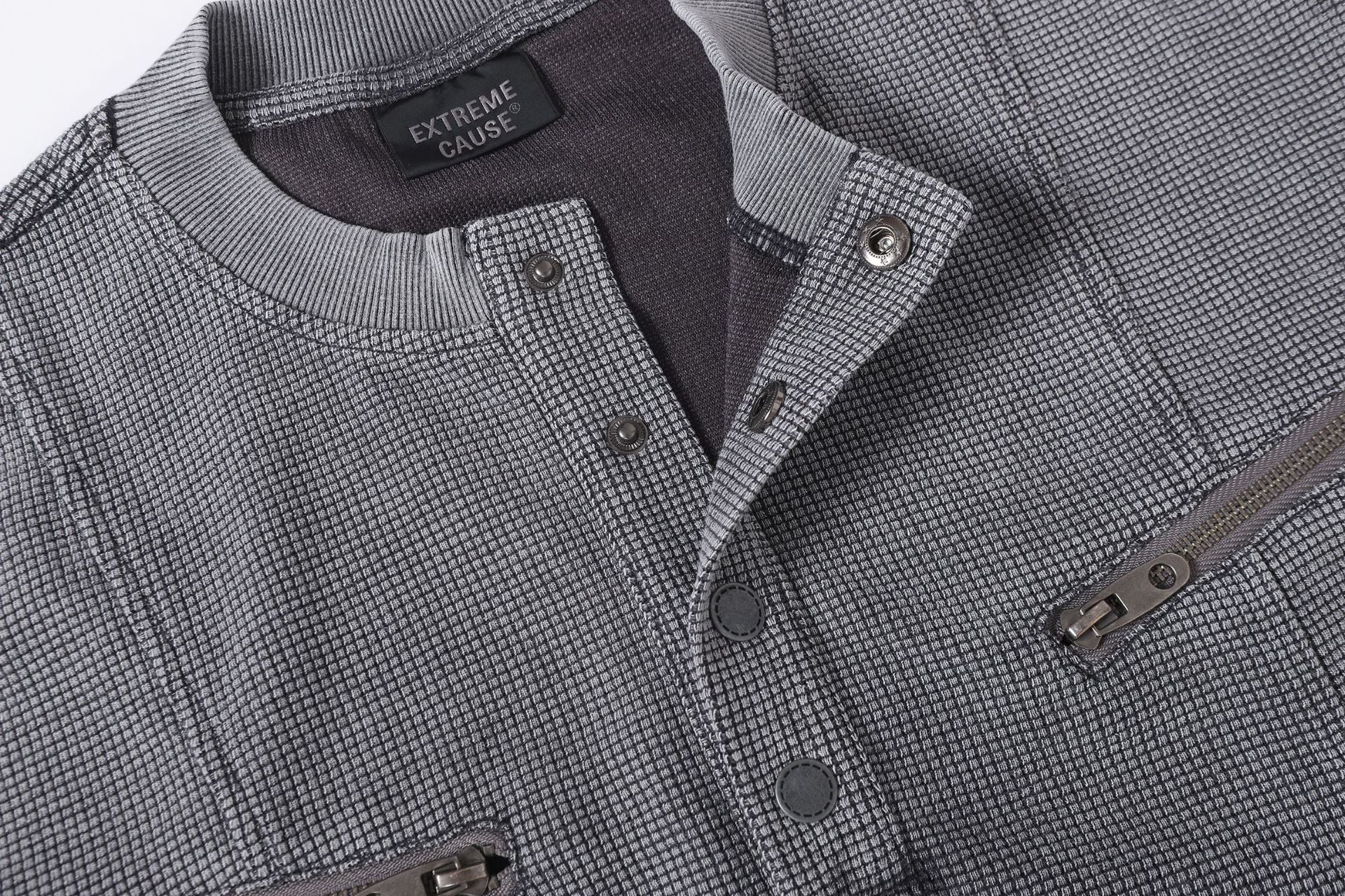 Half-Open Collar Check Wash Damage Short Sleeve T-Shirt