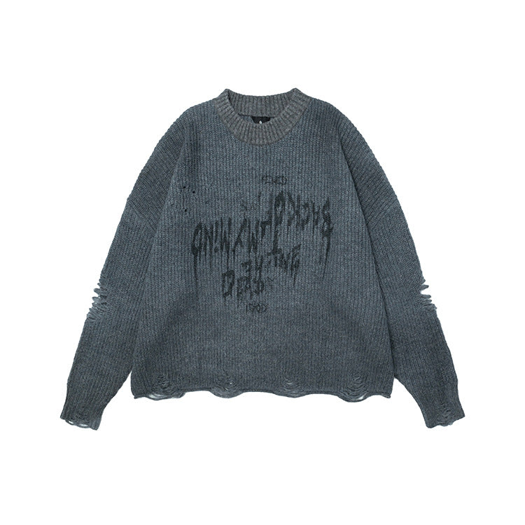 Unisex Ripped Round Neck Knitted Sweater