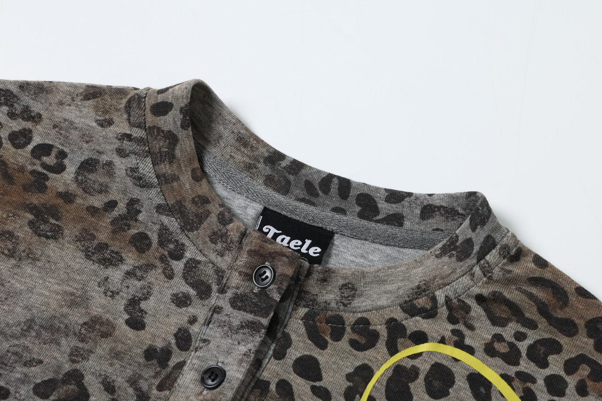 Leopard Letter Print Button Placket Short Sleeve T-Shirt