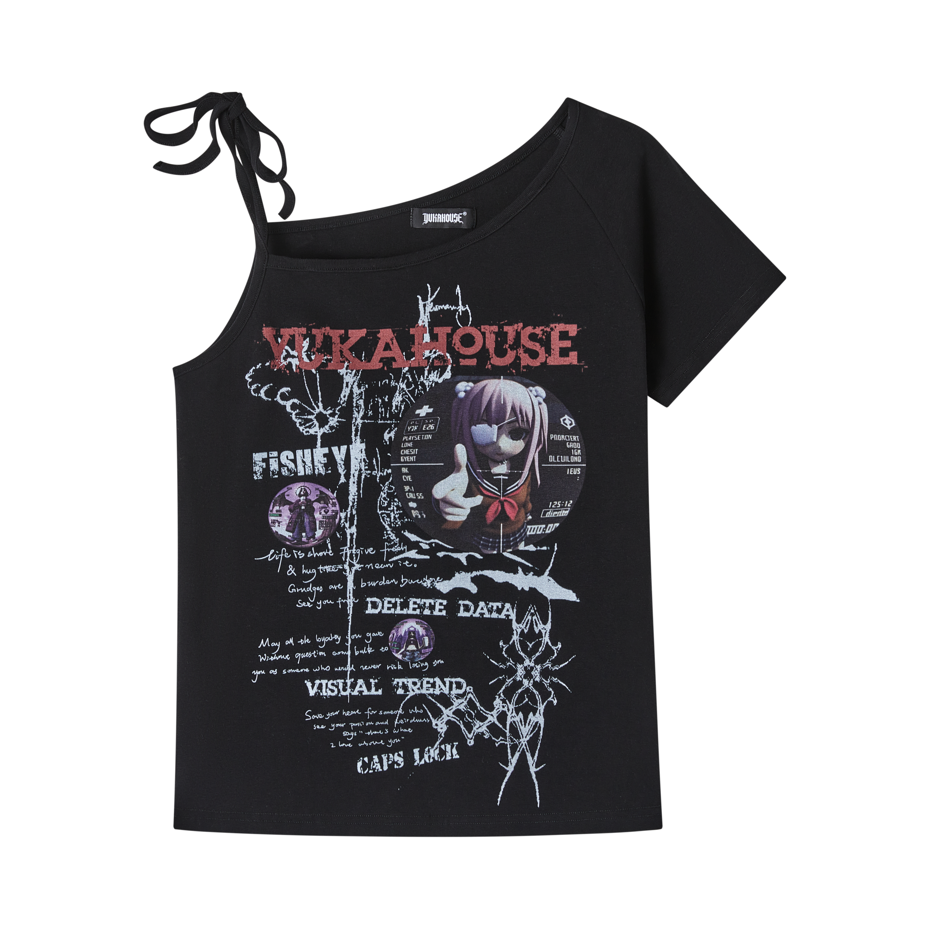 Off-Shoulder Graphic Print Slim Short Sleeve T-Shirt