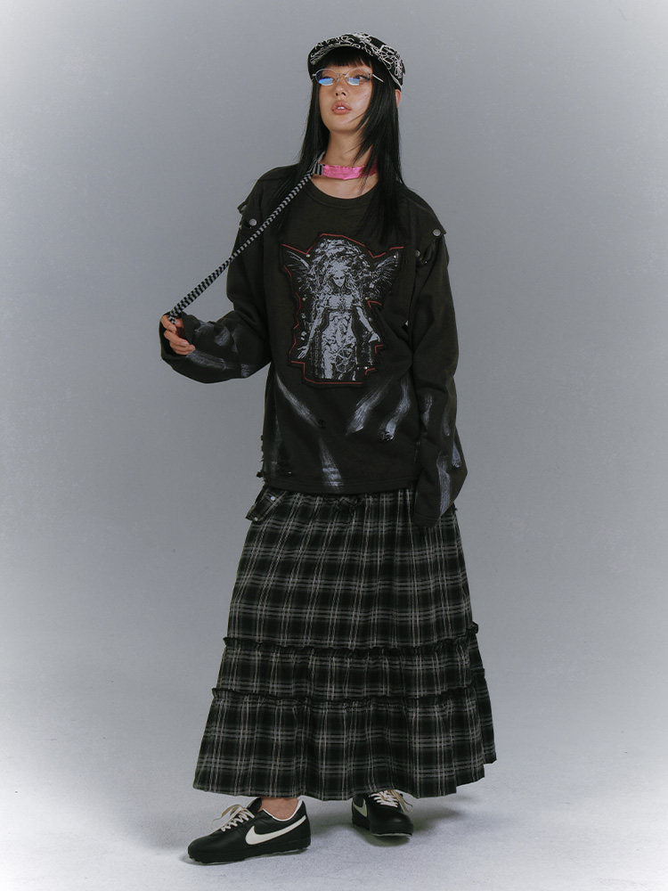 Washed Damage Patch Embroidery Print Long Sleeve T-Shirt