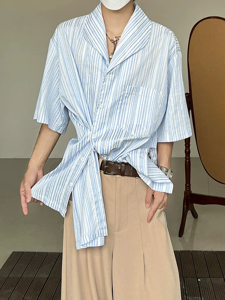 Stripe Irregular Cuban Collar Short Sleeve Shirt