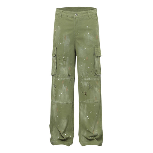 Damage Paint Splatter Multi Pocket Cargo Pants - Green / S