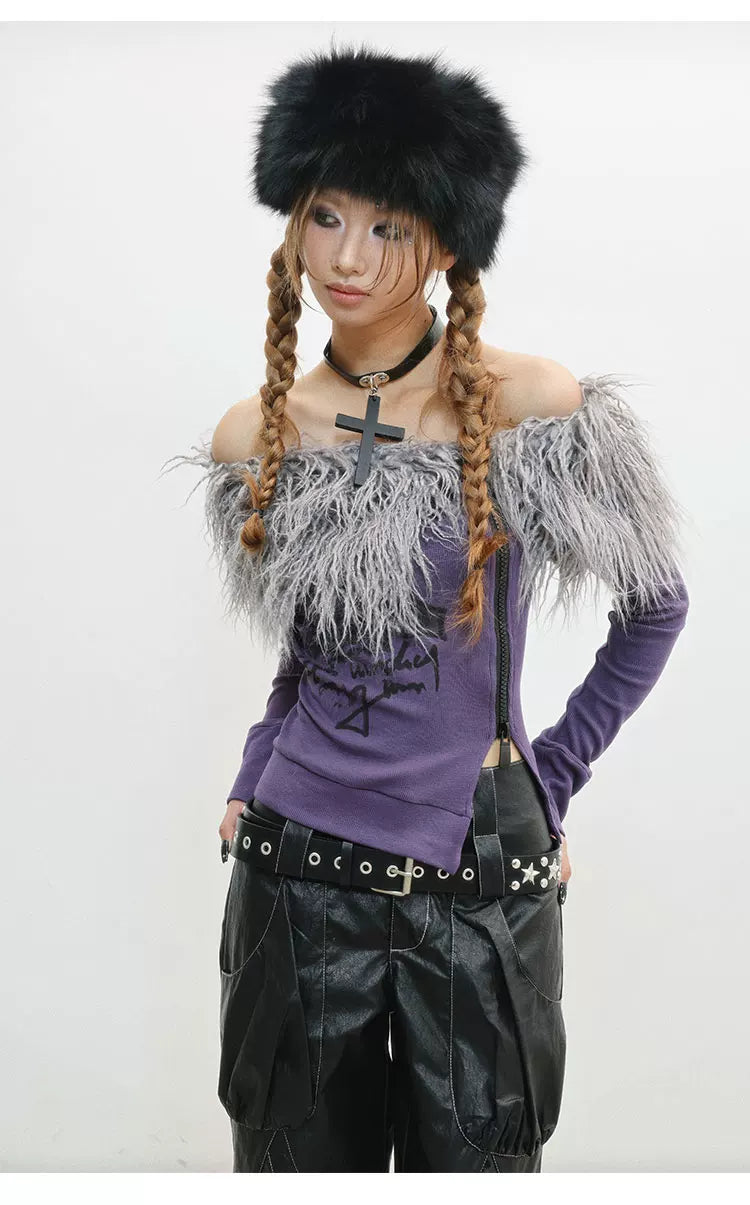 Fake Fur Trim Off-Shoulder Print Slim T-Shirt