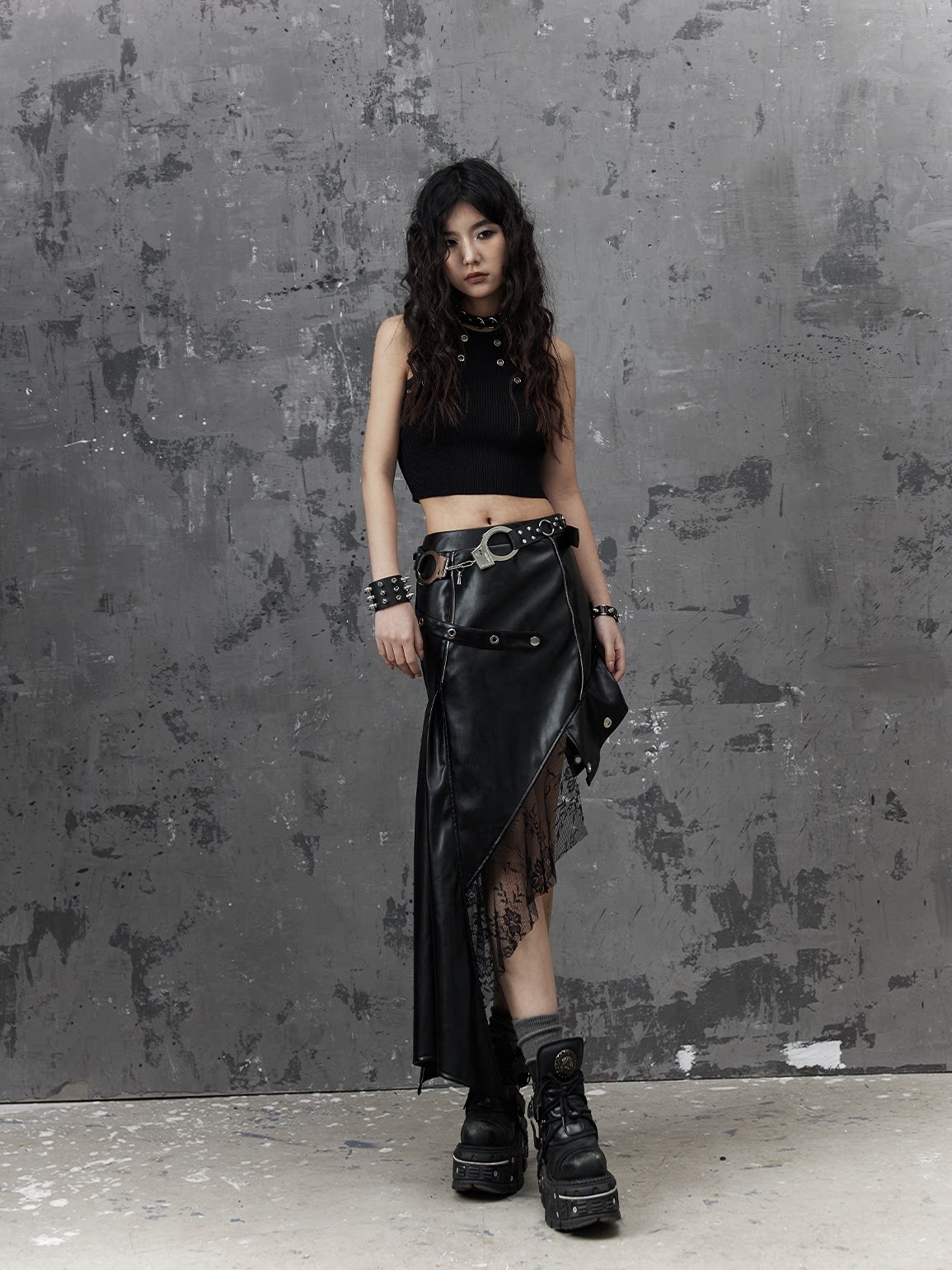 Asymmetric PU Leather Mesh Patchwork Skirt