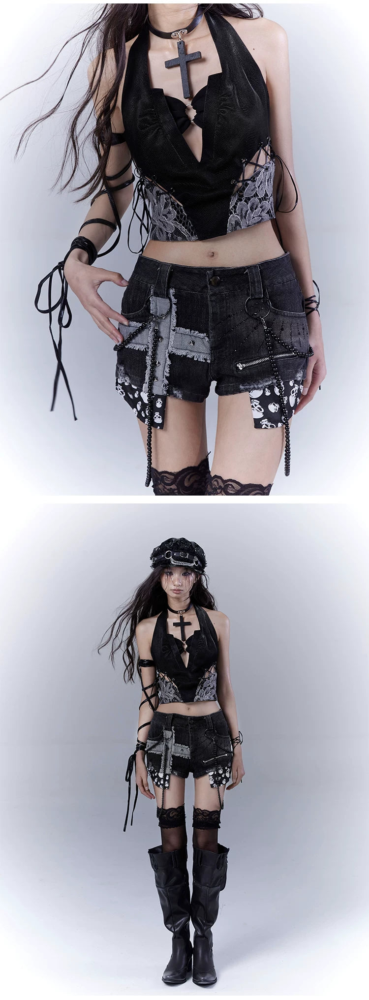 Design Rivet Print Low Waist Denim Short Pants