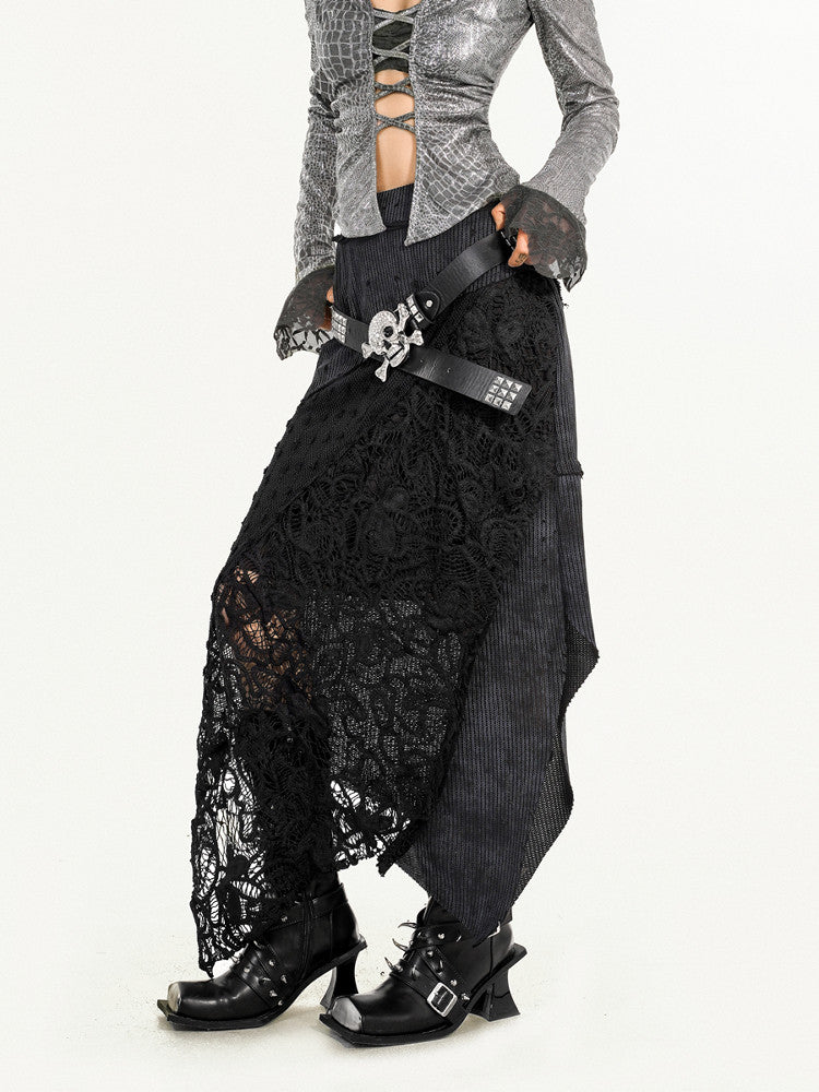 Original Design Heavy Craft Wasteland Knit Patchwork Lace Skirt