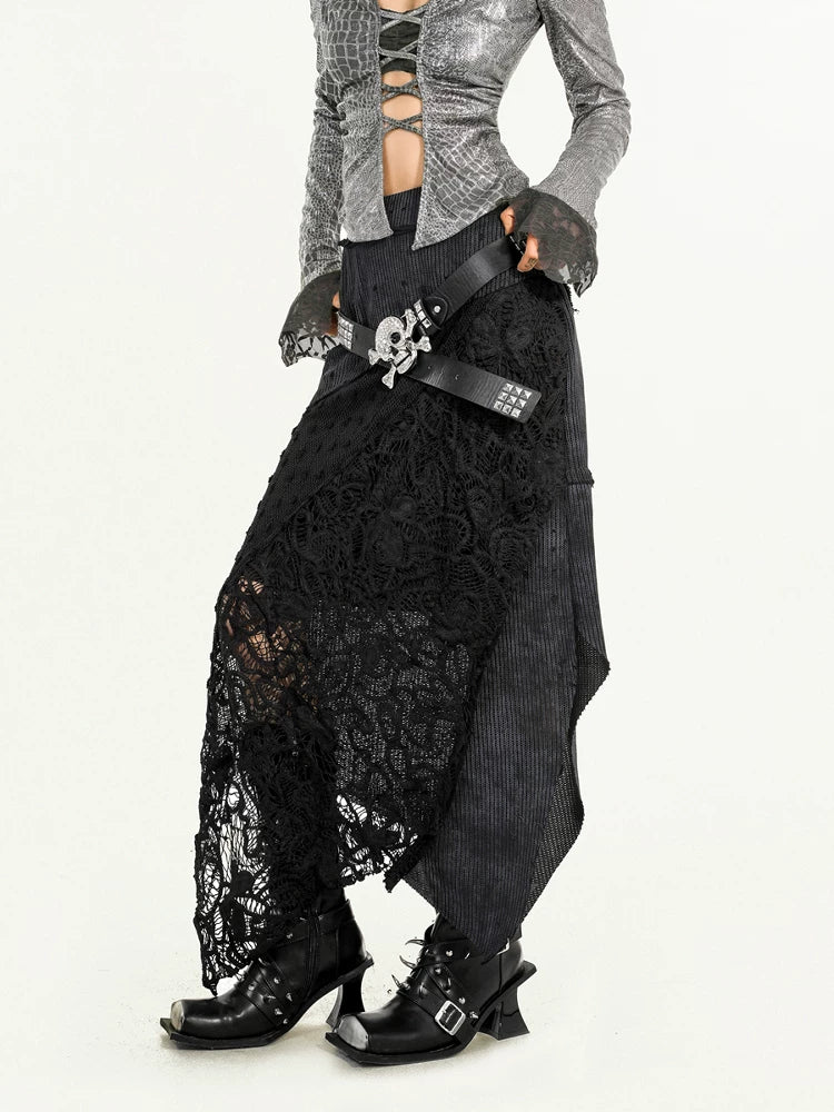 Original Design Heavy Craft Wasteland Knit Patchwork Lace Skirt