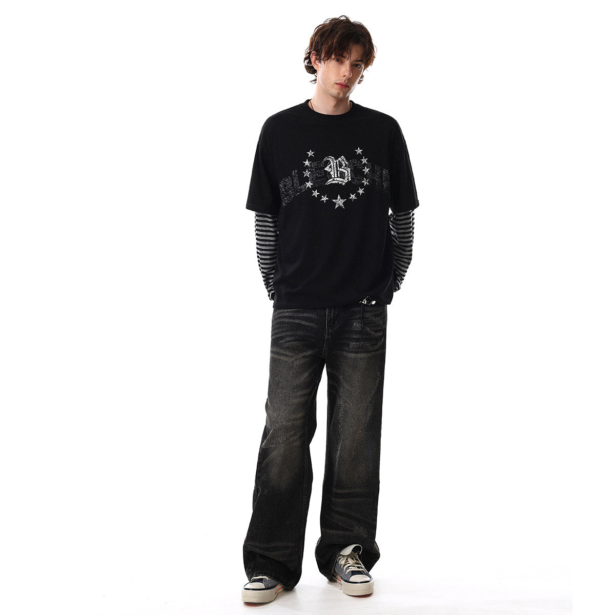 Fake Layered Stripe Star Long Sleeve T-Shirt