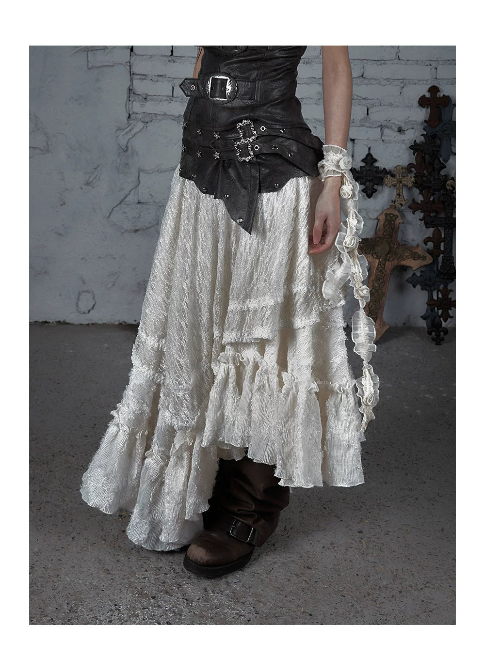 Asymmetric Lace Layered Belt Detail Skirt
