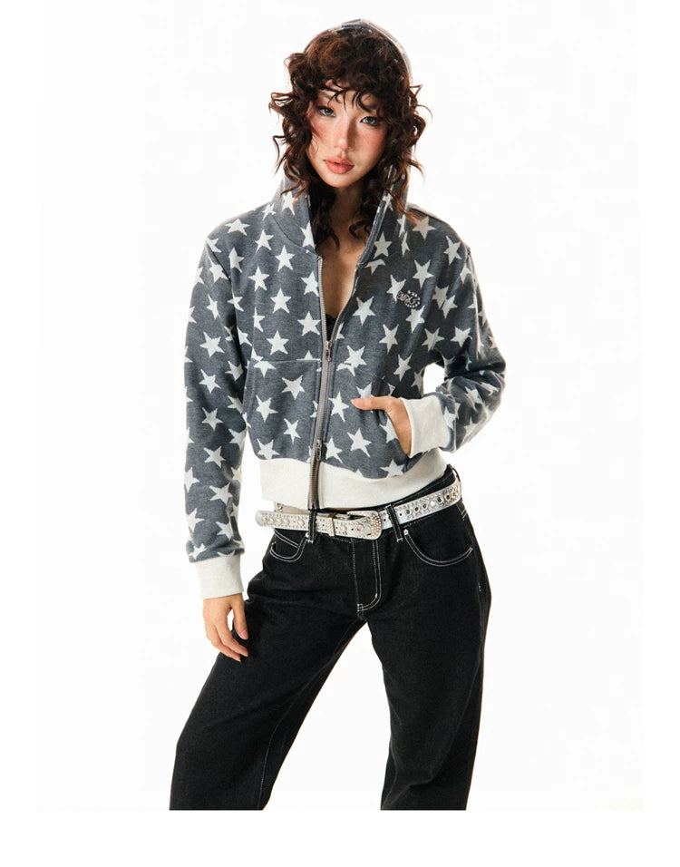 Star Print Cropped Zip-Up Hoodie