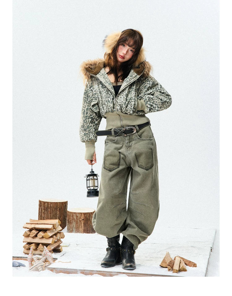 Leopard Print Fur-Trim Hood Puffer Jacket