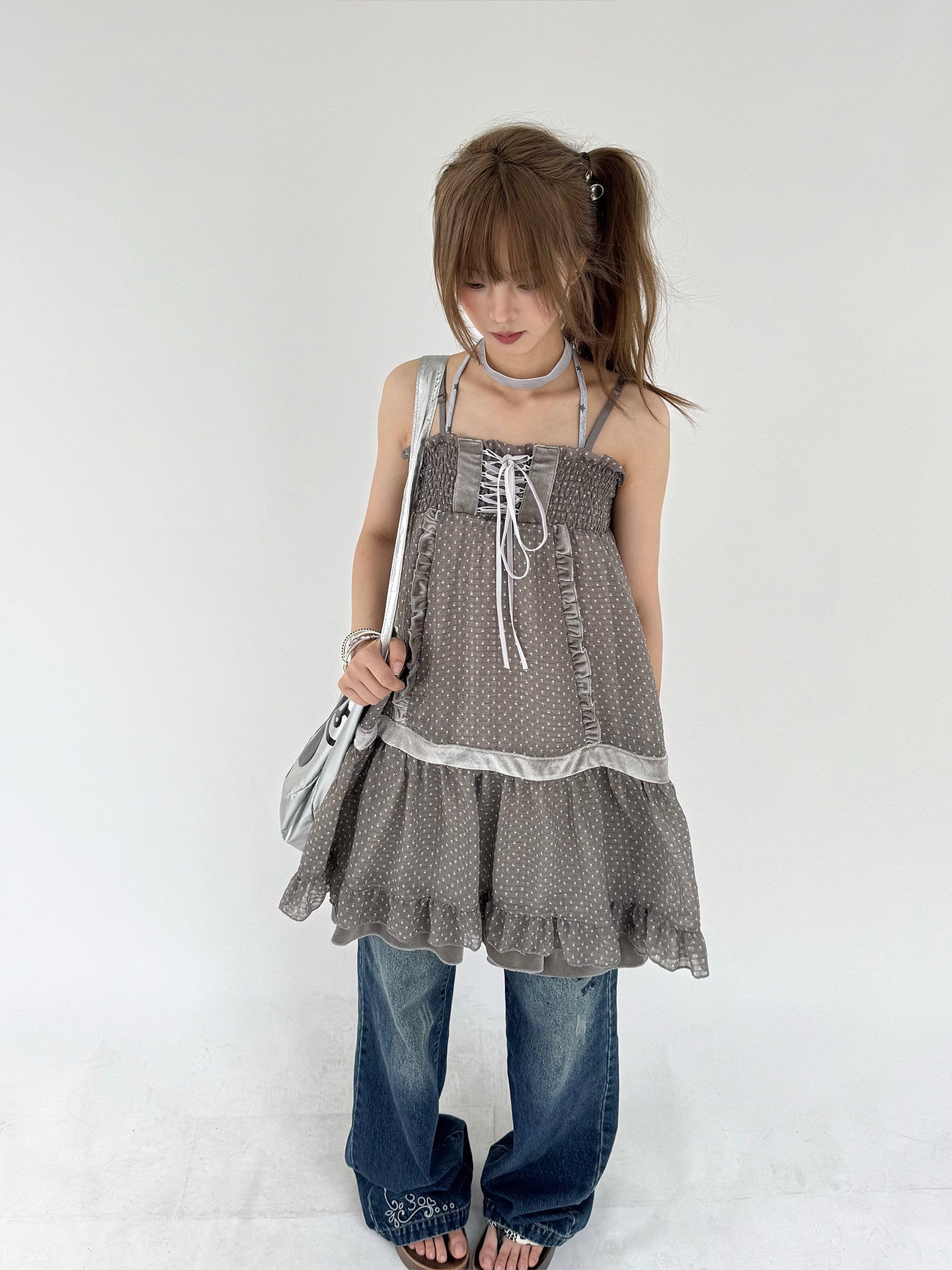Polka Dot Patchwork Spaghetti Strap Dress