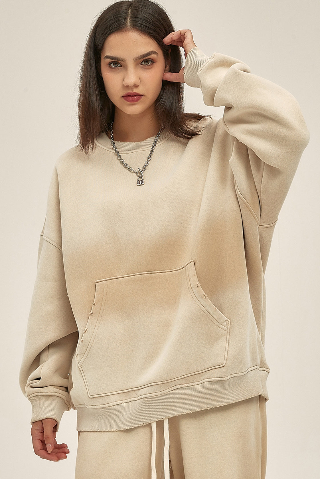 Fleece Lining Spray-dye Damage Oversize Sweatshirt