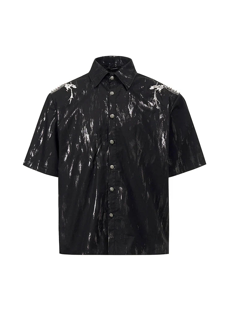 Snake Spine Beaded Foil Print Shoulder-pad Short Sleeve Shirt