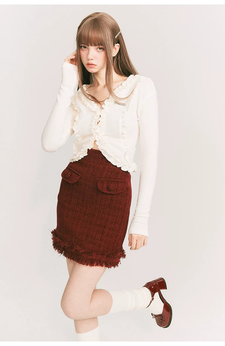 Round Collar Tweed Jacket & A-Line Tweed Skirt Setup